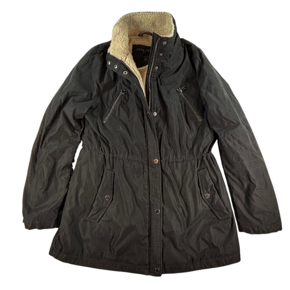 Nautica Womens Black Parka Jacket XL Cinch Waist Zip Snap Coat Nylon Poly
